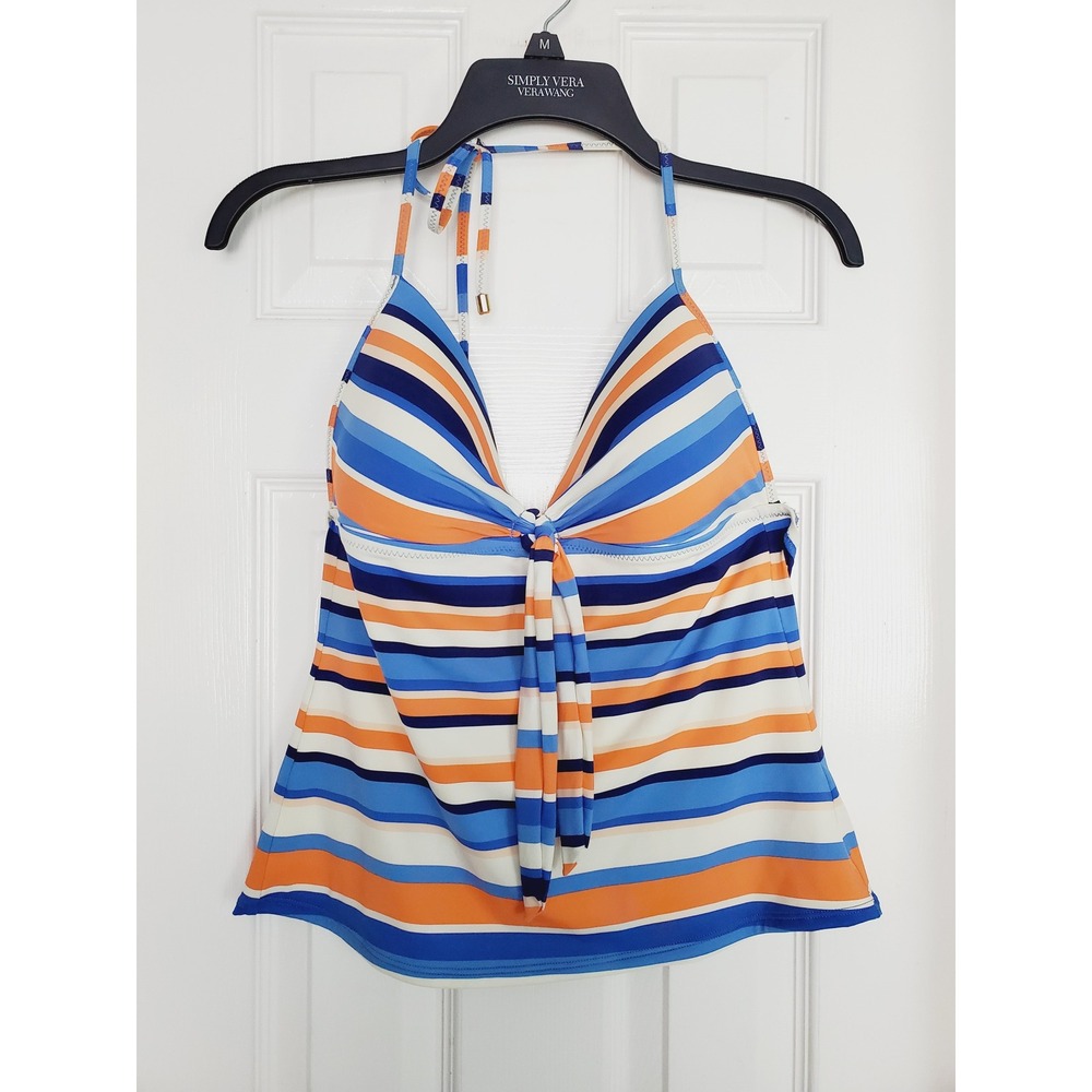 Cremieux Modest Tankini Swim Top Blue Orange Striped Halter Tie Front Swimwear L